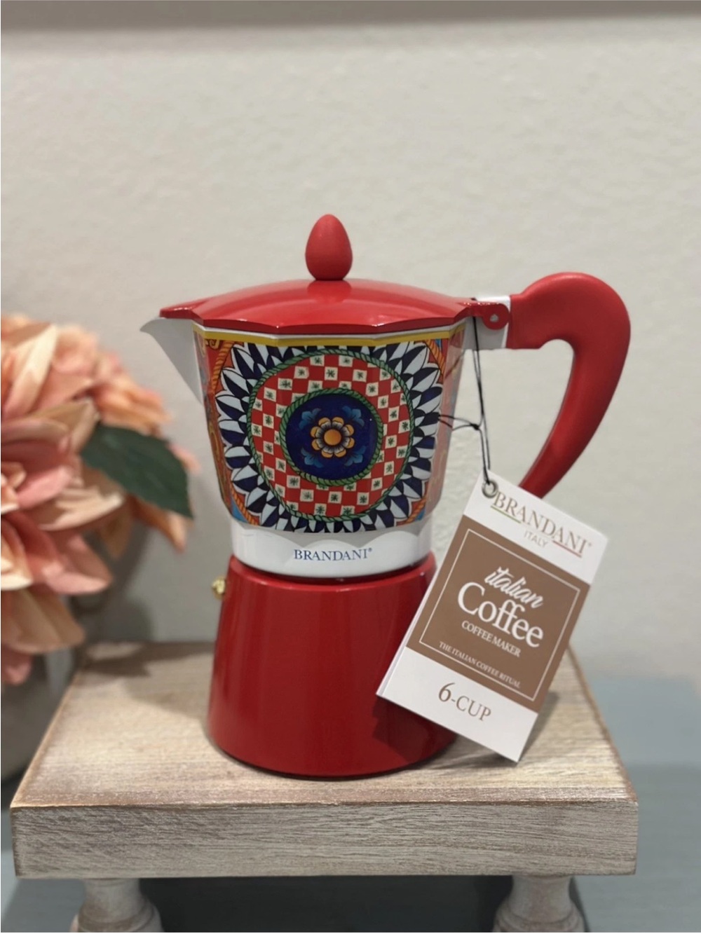 Brandani Italian Red Coffee Maker Moka
Pot Stovetop Aluminum 6 Cup NEW